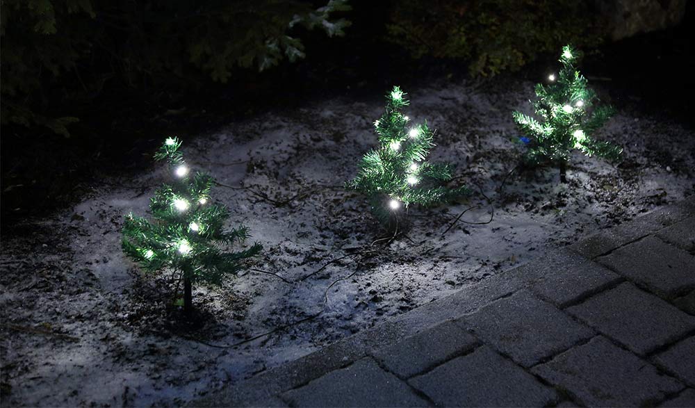 Mini Weihnachtsbaueme beleuchtet im Garten