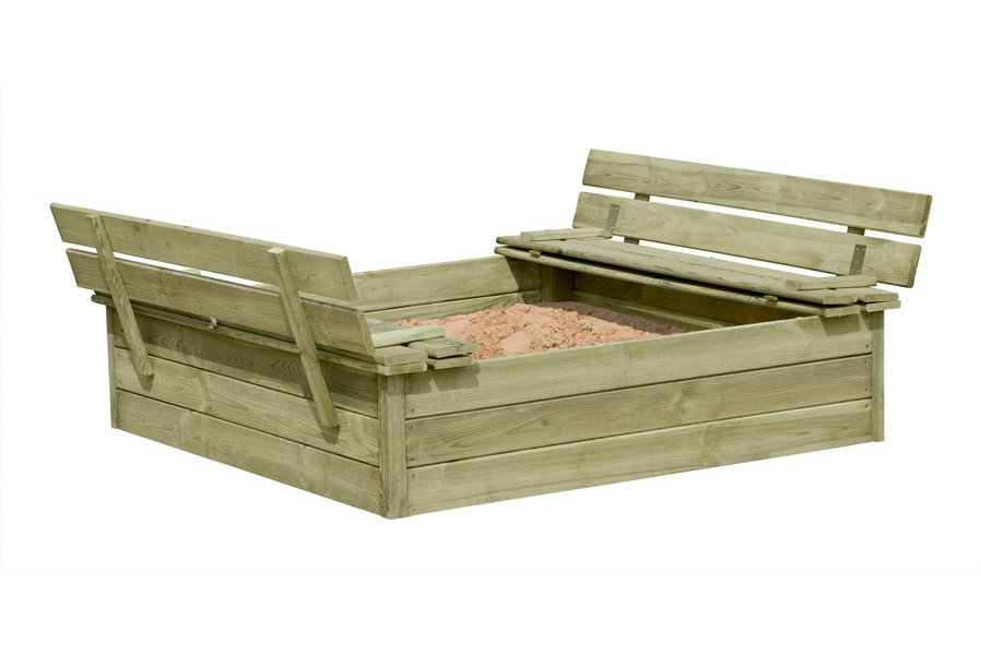 NEU: Sandkasten 120x120 cm mit Deckel und Sitzbank Holz