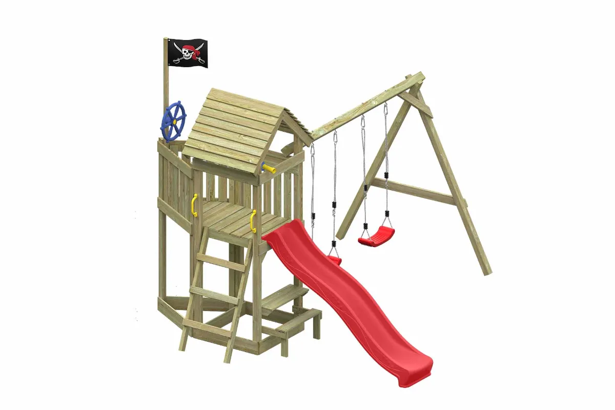 Spielturm Lina Abenteuer mit roter Rutsche Doppelschaukel und Tisch