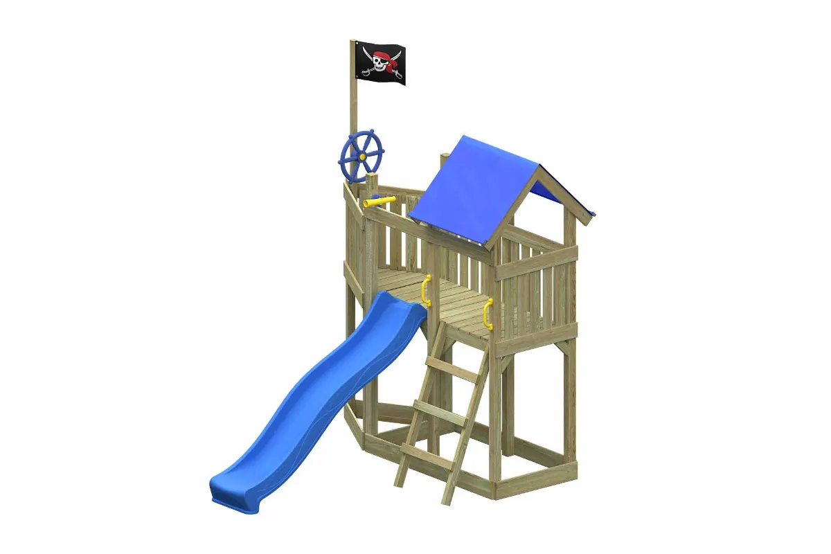 Spielturm Georg Aktiv mit blauer Rutsche und Leiter