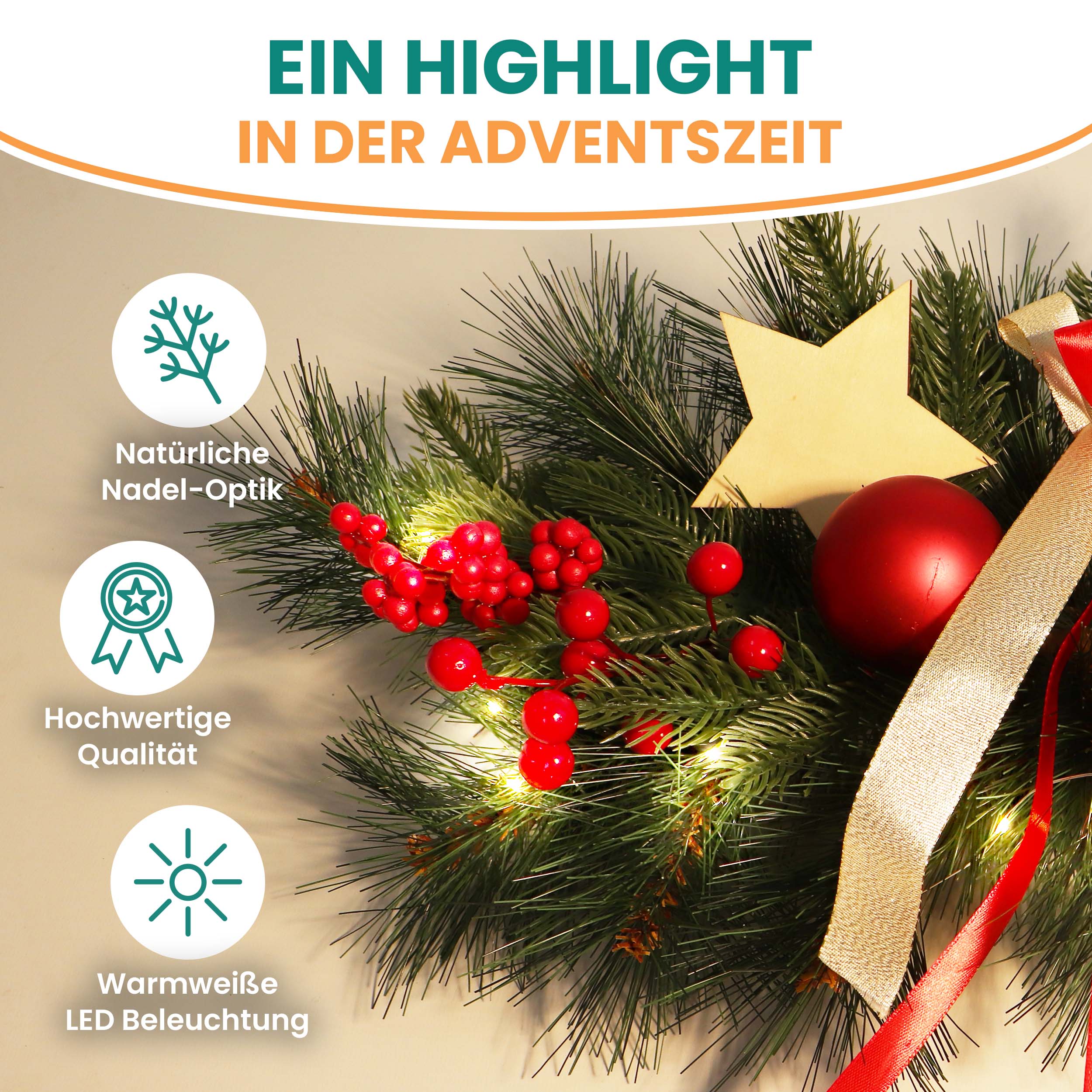 Adventsgesteck mit LED und roten Dekorationen 30x 57 cm 