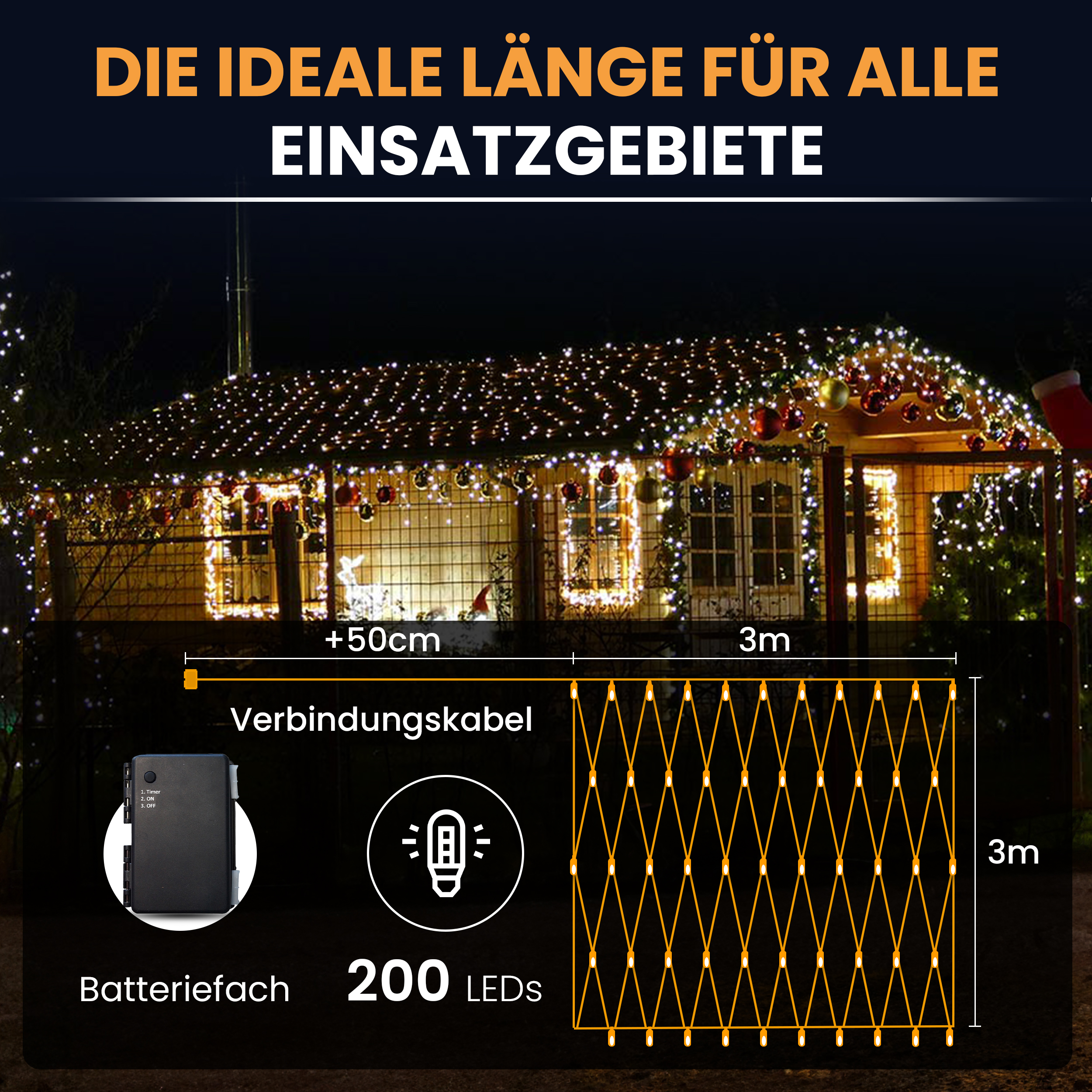 Batterie-Lichternetz 3x3 m mit 200 LED warmweiß und Timer für außen