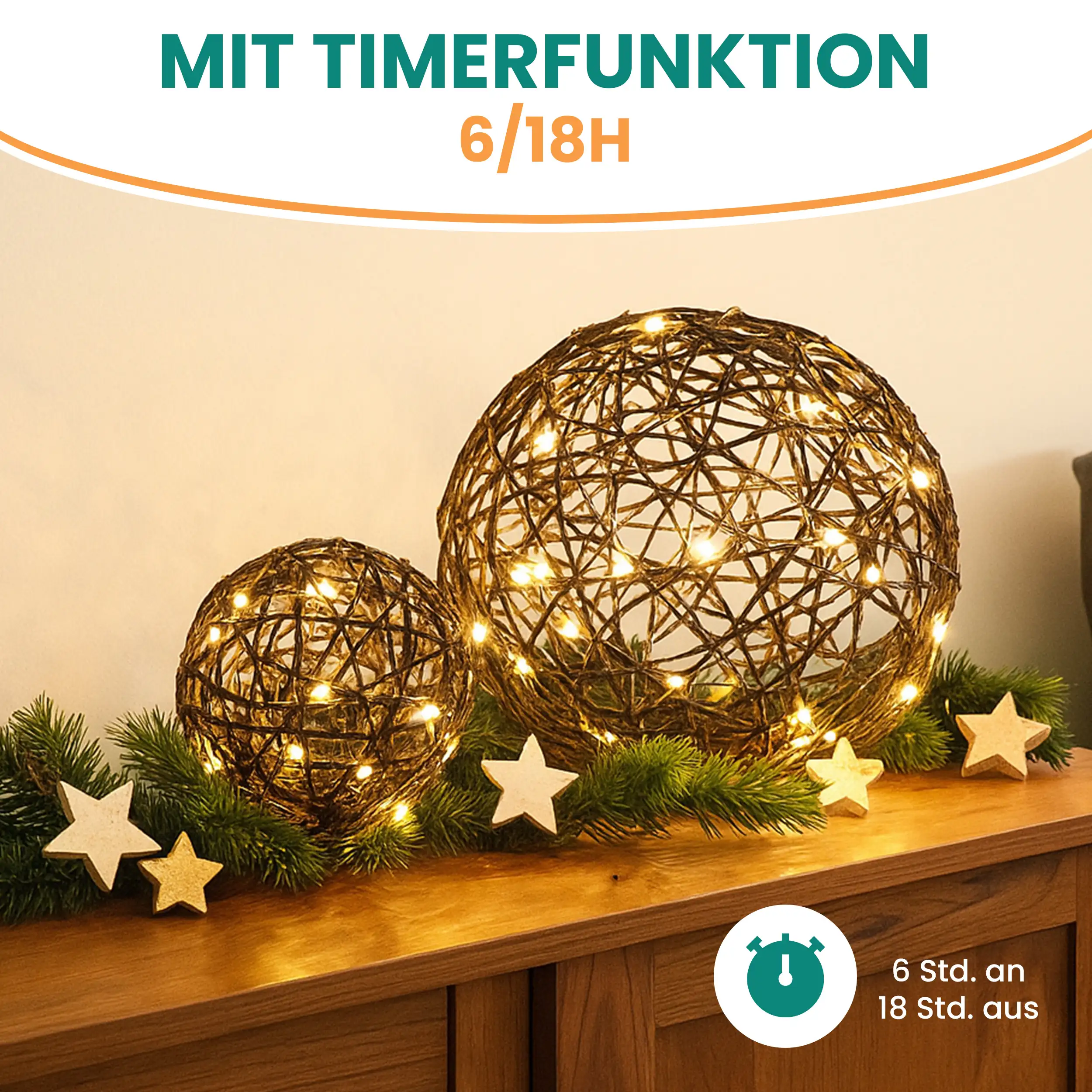 Batterie-Rattankugel aus Kunststoff mit warmweißen LED und Timer-Funktion