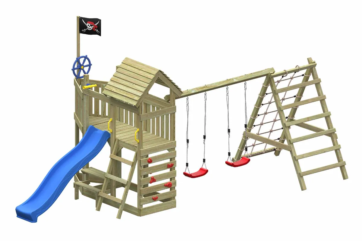 Spielturm Mia Max mit blauer Rutsche Doppelschaukel und großem Kletterbereich