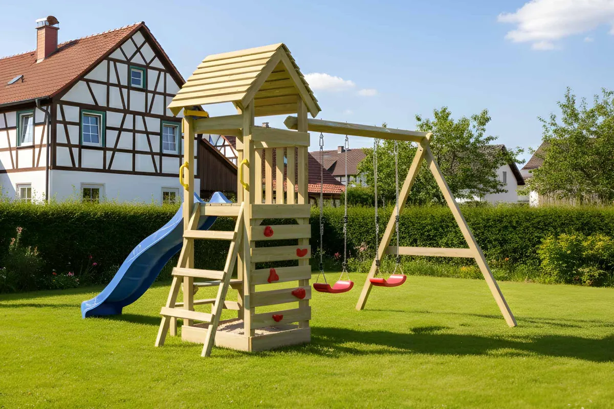 Spielturm Thomas Abenteuer mit Doppelschaukel und Kletterwand