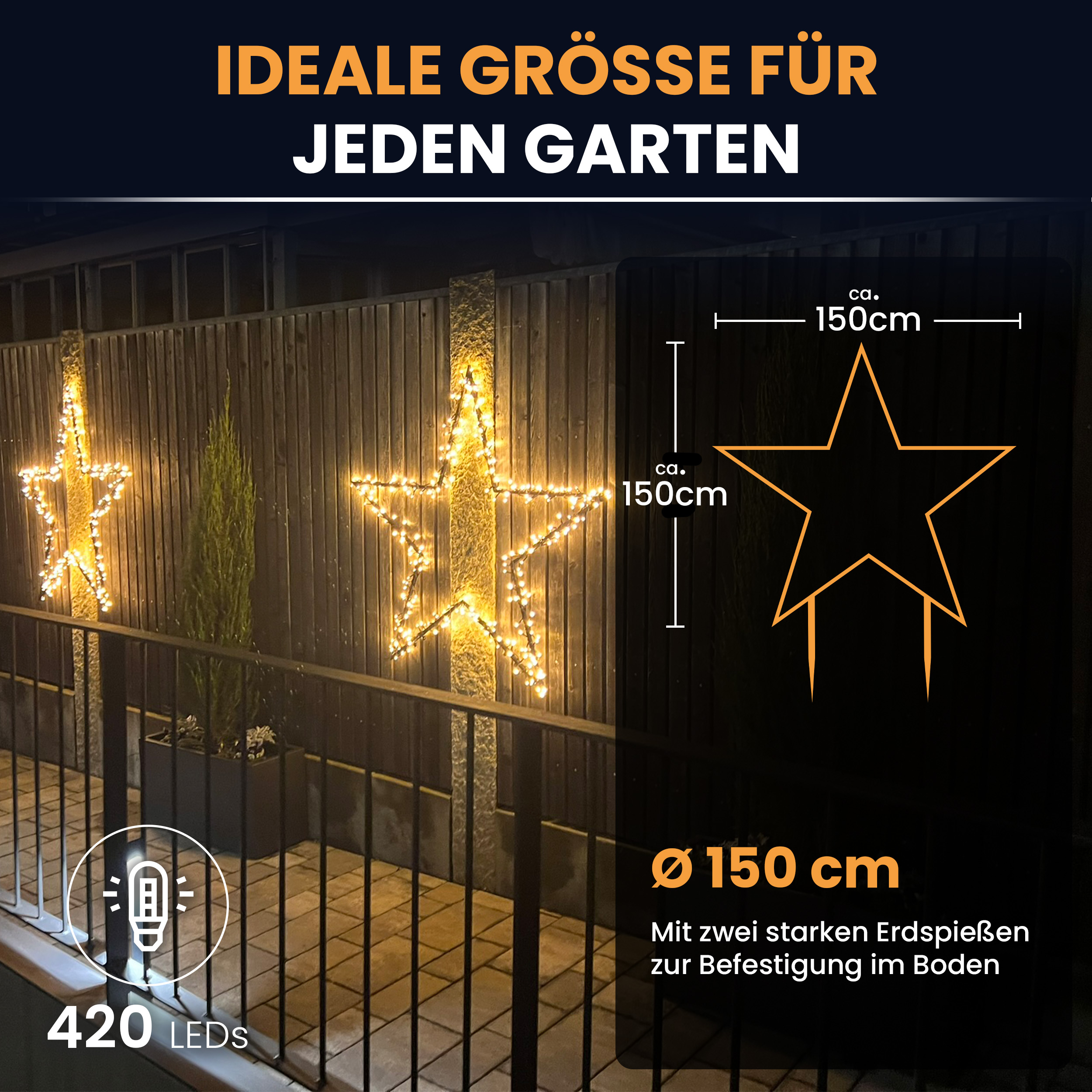 Gartenstern 150 cm mit Erdspieß und LED Beleuchtung Weihnachtsstern