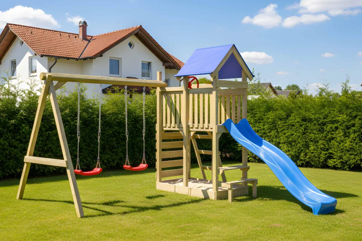 Spielturm Lucia Abenteuer mit Doppelschaukel und Kletterwand