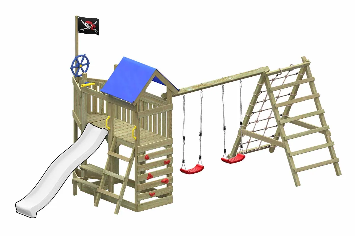 Spielturm Georg Max mit Kletternetz Kletterwand und Doppelschaukel