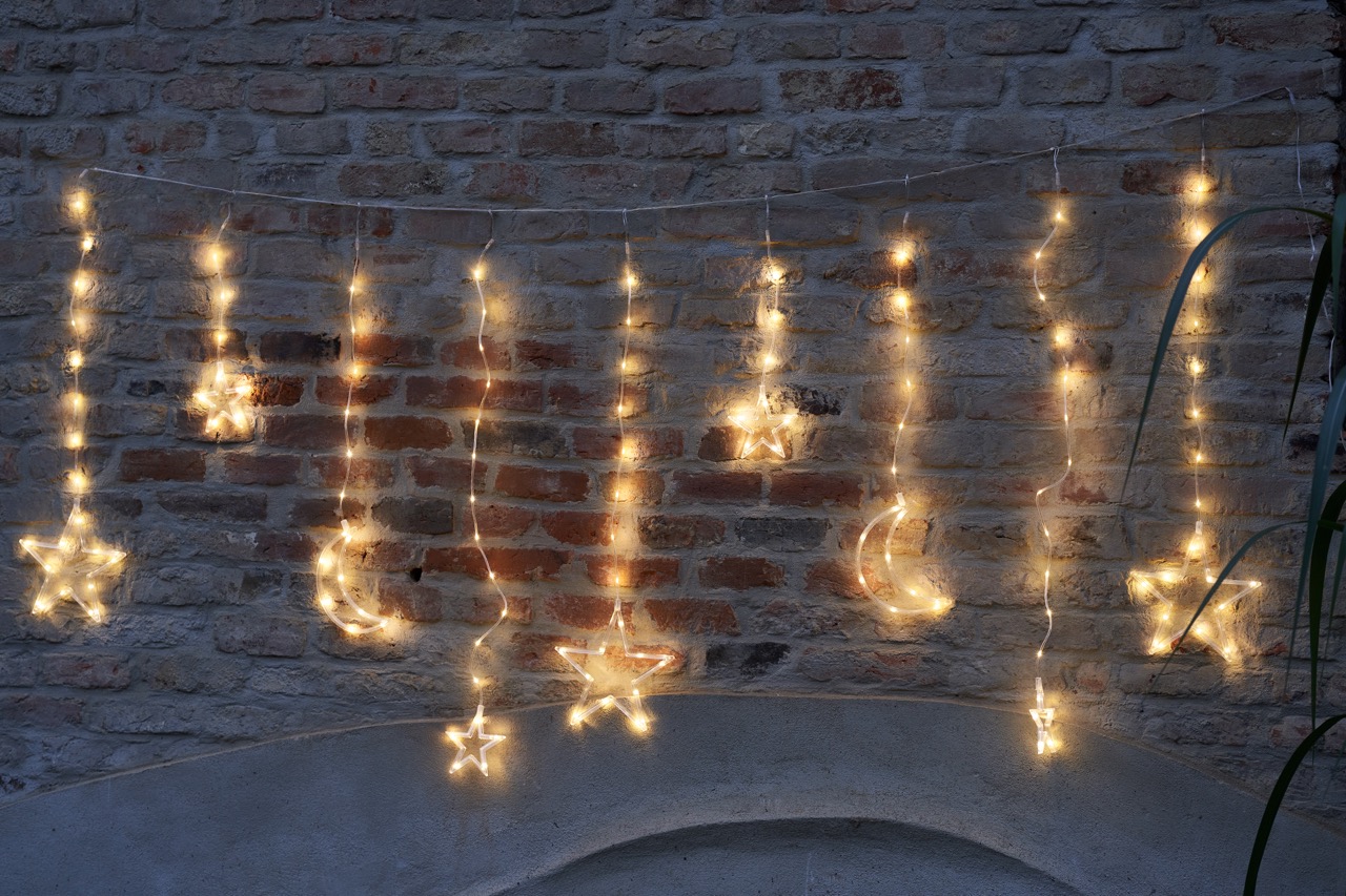 Lichterkette für die Wand – LED Lichterkette Vorhang – Zauberhafte LED Lichterkette außen/innen – Monde, Sterne Lichterkette Fenster