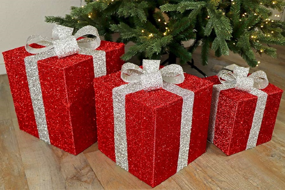 Geschenkboxen Deko-Set mit 3 Geschenkpäckchen 72 LED mit Schleife