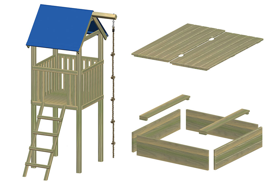  Spielturm Alto mit blauer Rutsche, Sandkasten und Deckel 118x118x350 cm 9x9cm