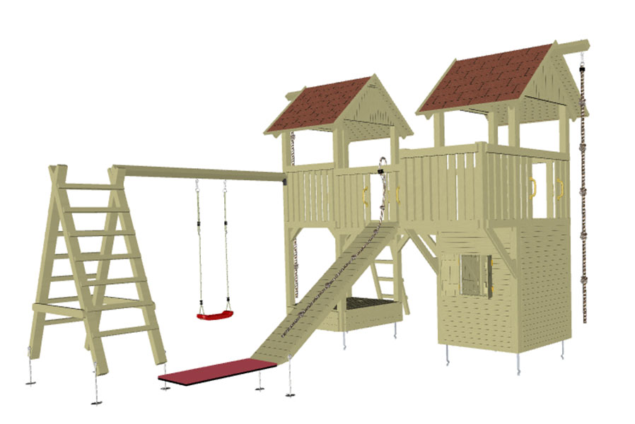 Spielanlage Piratennest mit zwei Spieltürme, Schaukel und Steg