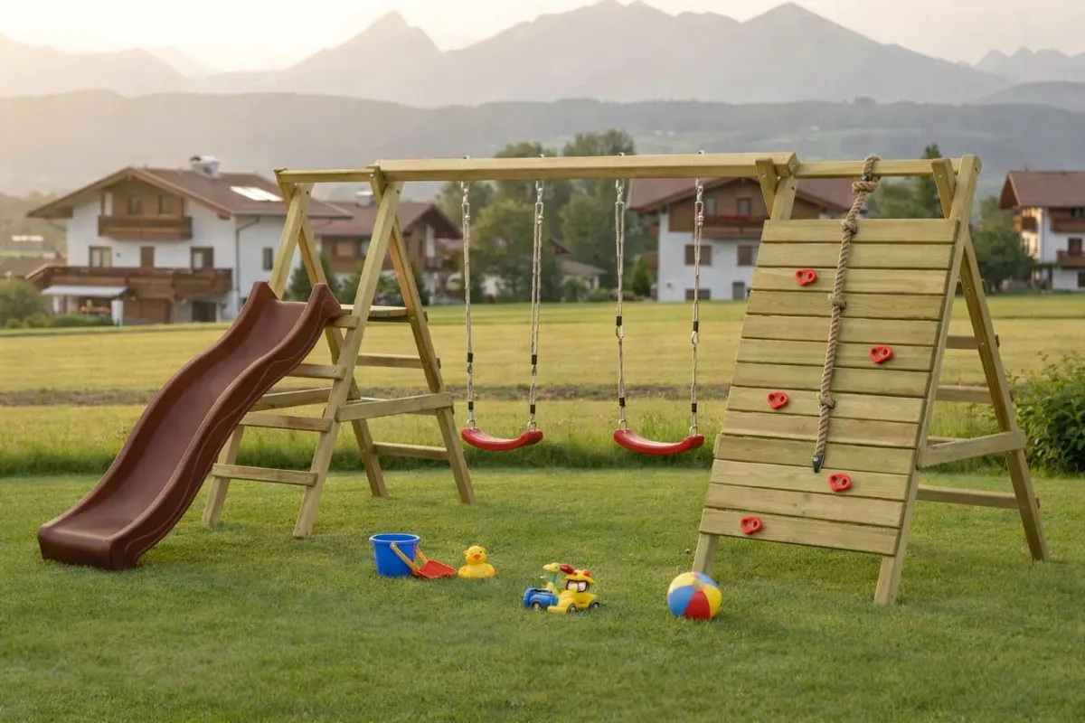 Gartenpirat Doppelschaukel Anna mit Kletternetz Sprossenleiter und brauner Rutsche