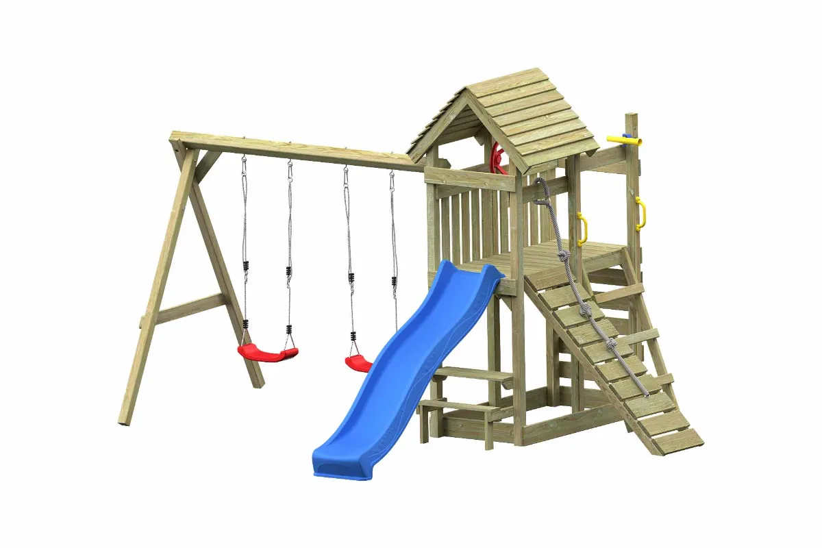 Spielturm Cris Abenteuer mit blauer Rutsche Kletterrampe Kletterwand und Doppelschaukel