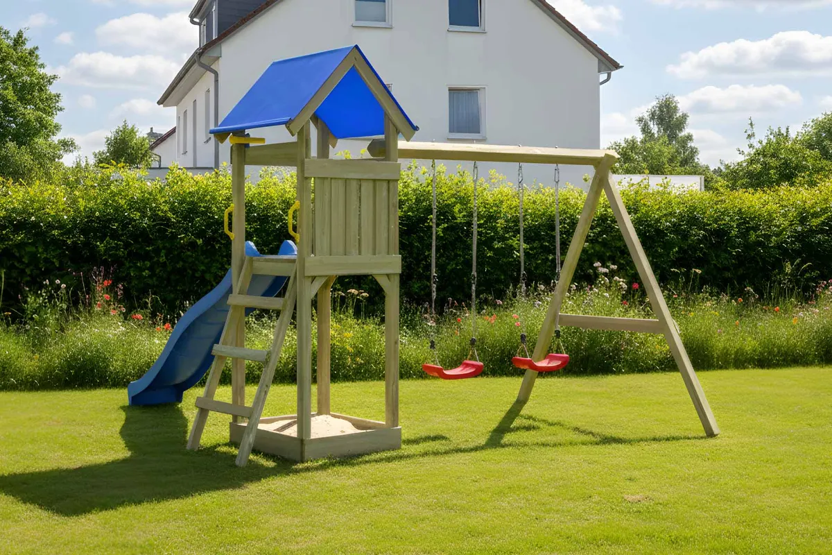 Spielturm Julia Fun mit roter Rutsche und Doppelschaukel
