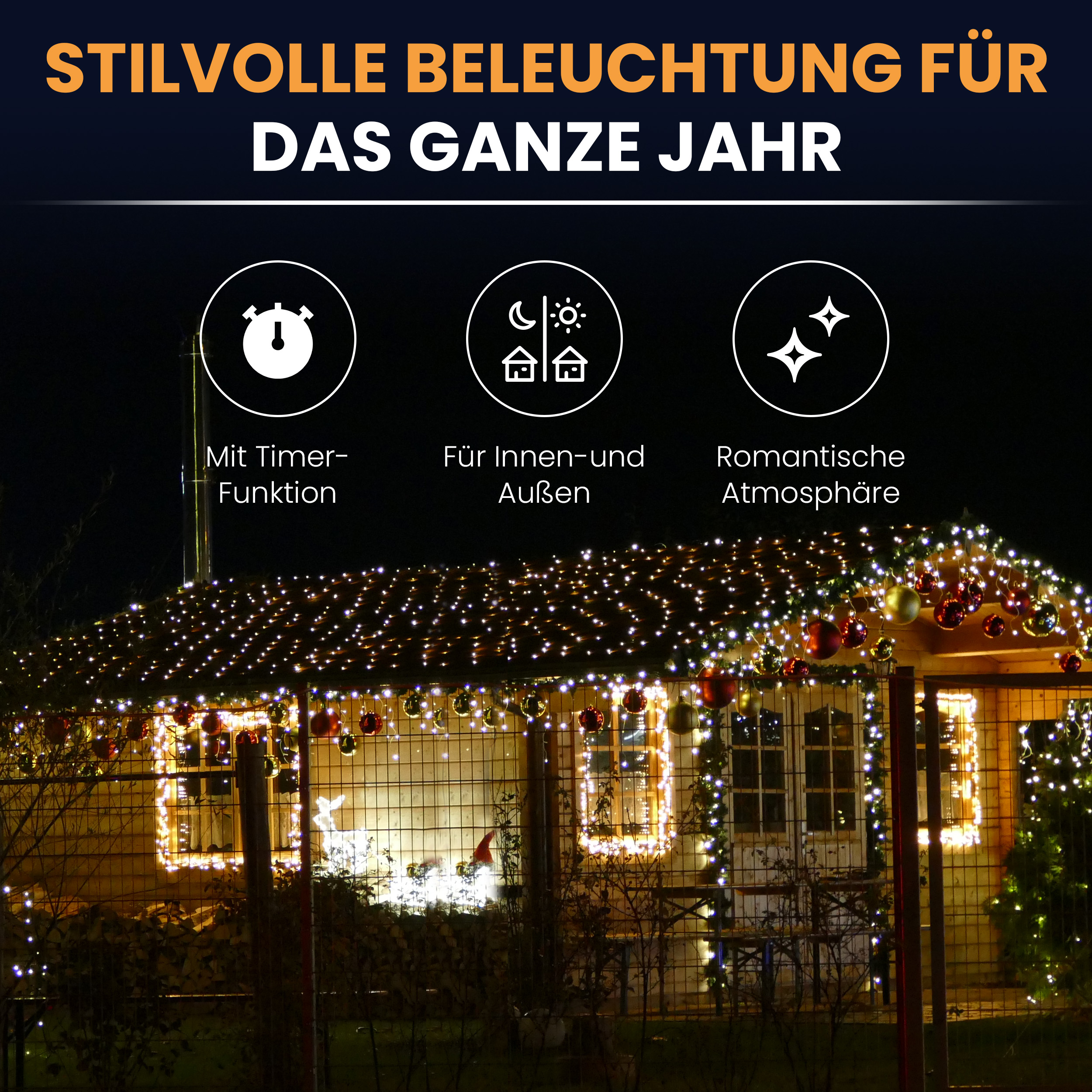 Lichternetz mit warmweißen LEDs und Timer Batteriebetrieben für innen und außen