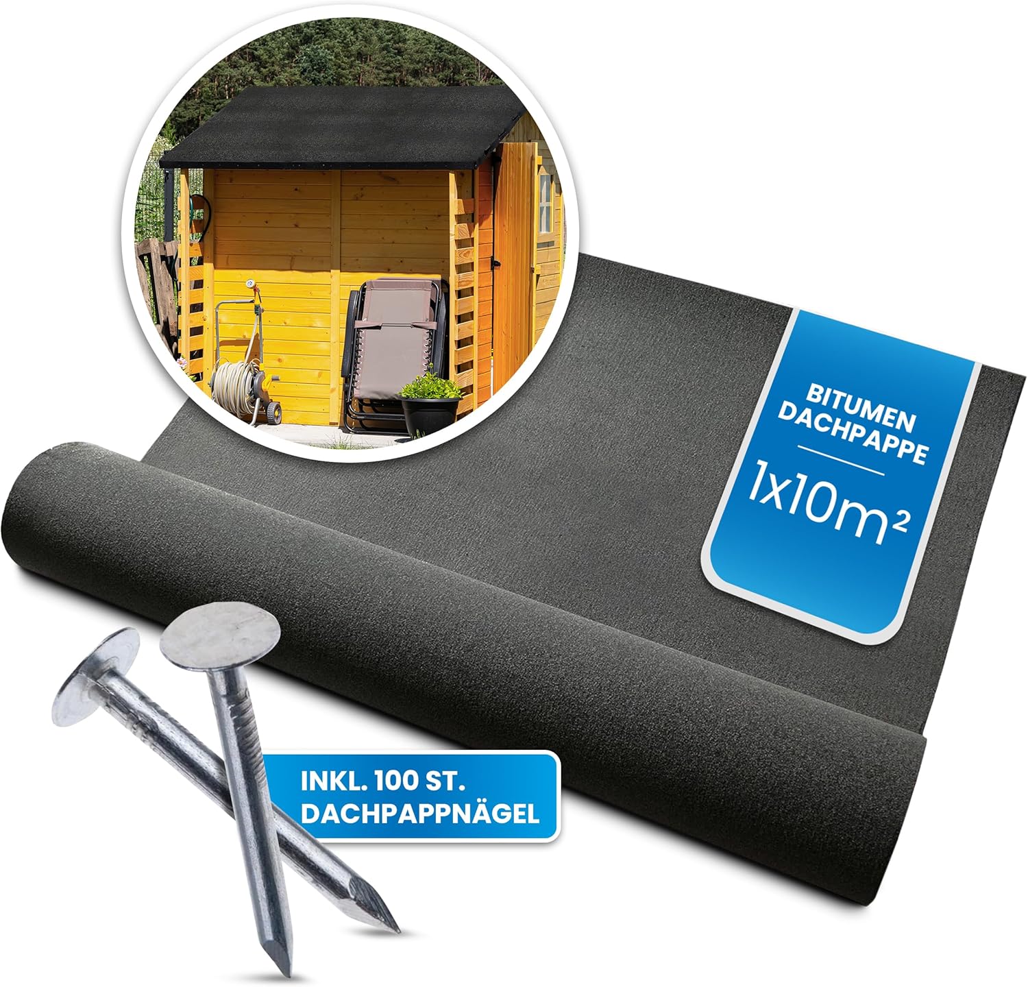 Bitumen Dachpappe schwarz Bitumenbahn zur Dacheindeckung Dachbahn inkl. 100 Stück Dachpappnägel
