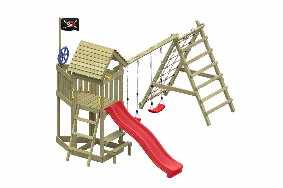 Spielturm Lina Max mit roter Rutsche Doppelschaukel Tisch und Kletterbereich