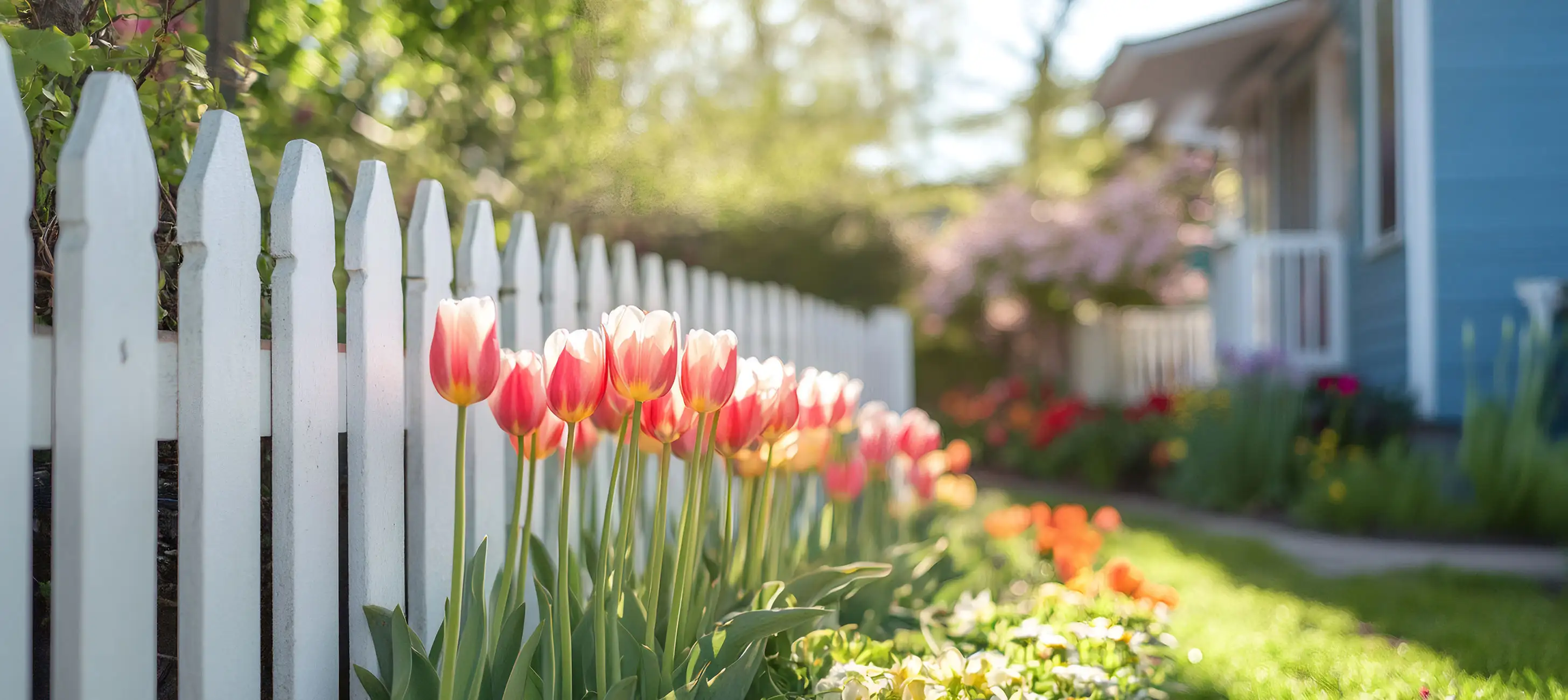 Weißer Zaun mit Tulpen, die davor blühen
