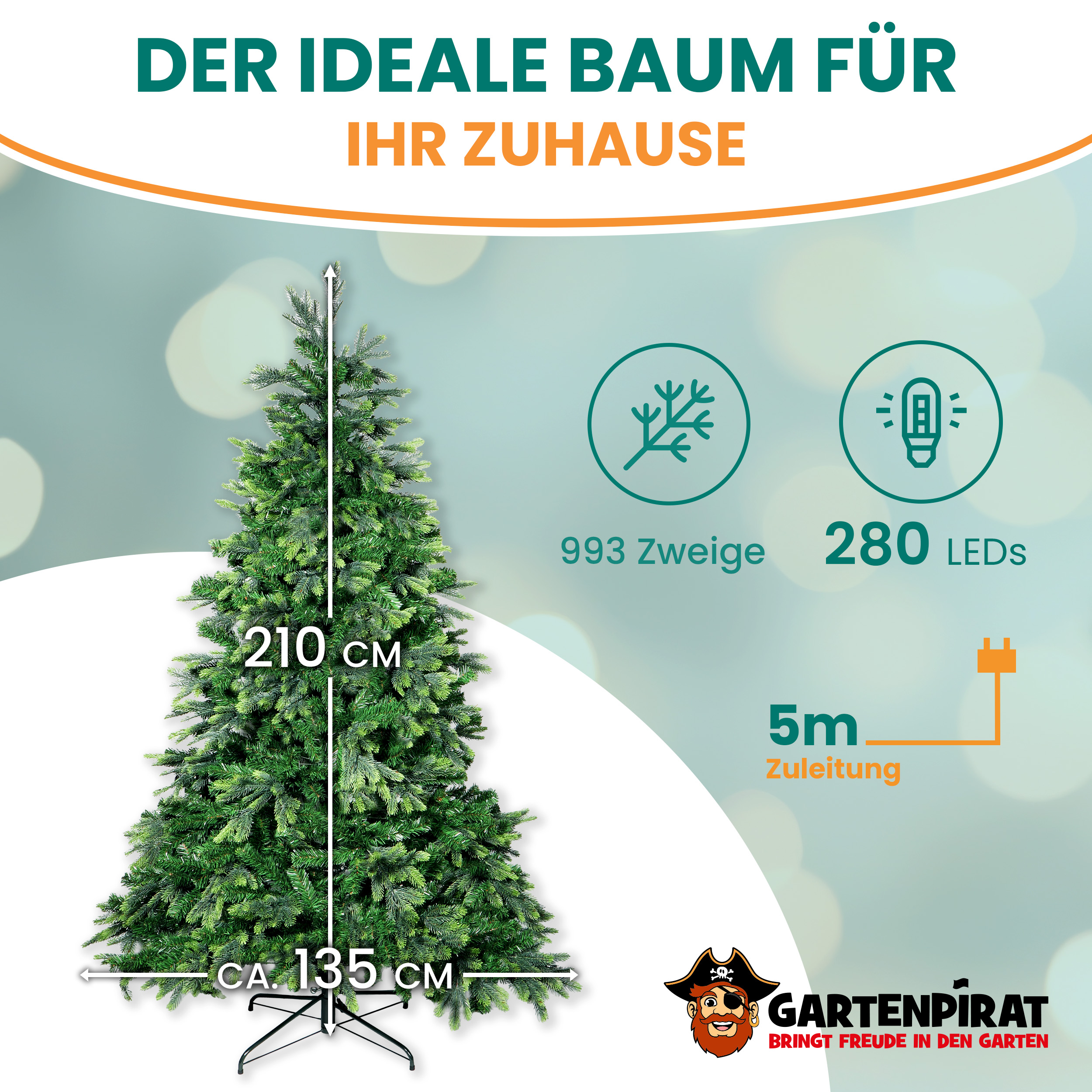 BonTree Tanne Weihnachtsbaum 210 cm mit 330 LED warmweiß – Gartenpirat