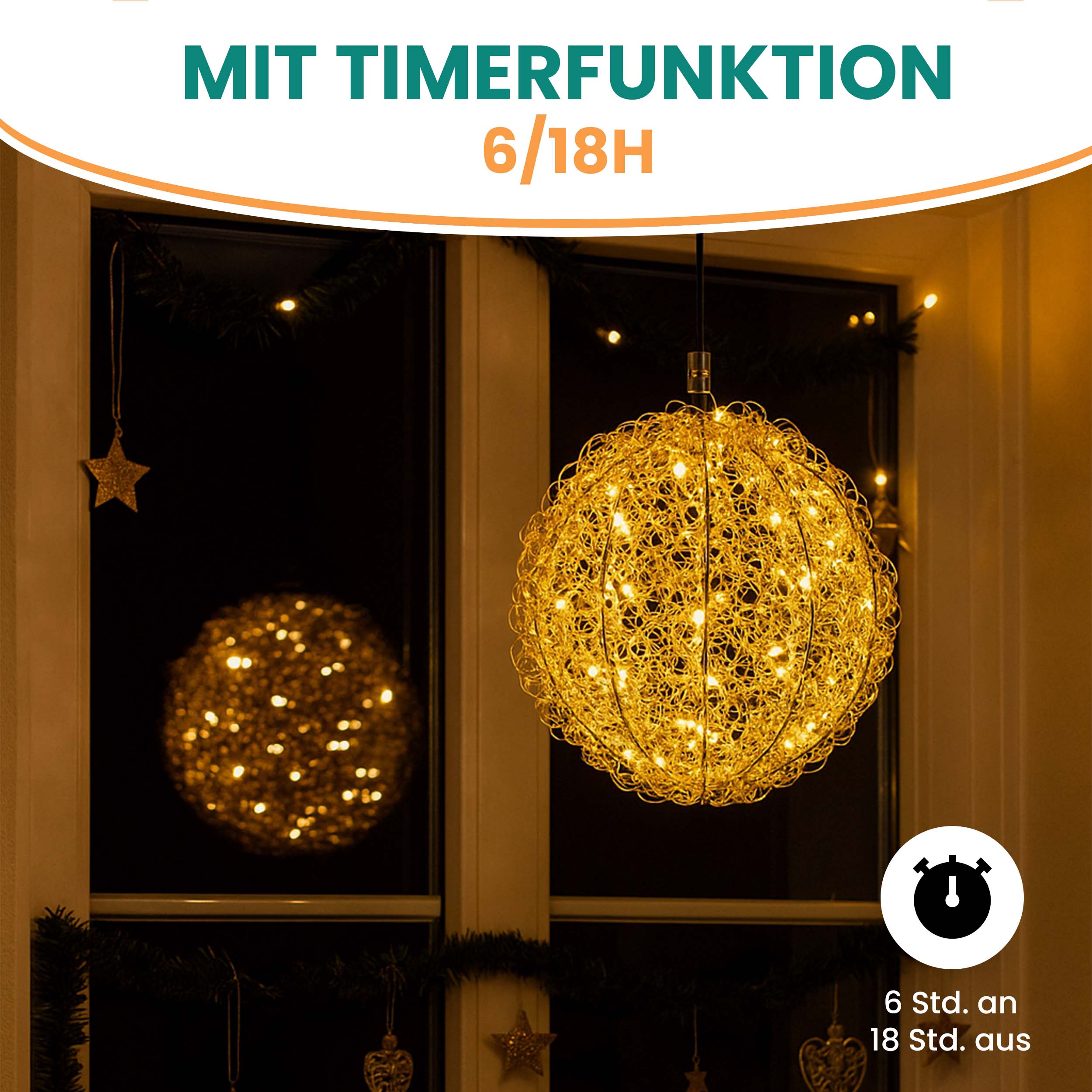 3D Drahtkugel Gold Ø 30 cm mit 80 LED warmweiß Timer-Funktion IP44