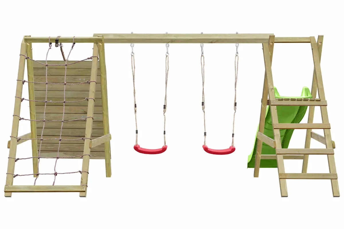 Doppelschaukel Sarah mit Kletternetz Kletterwand und apfelgrüner Rutsche