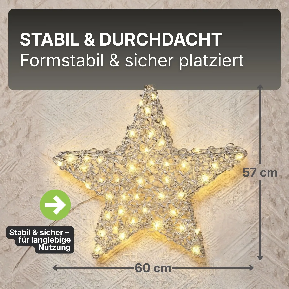 Aluminiumstern XXL Ø 60 cm mit 300 LED warmweiß Timer-Funktion IP44 
