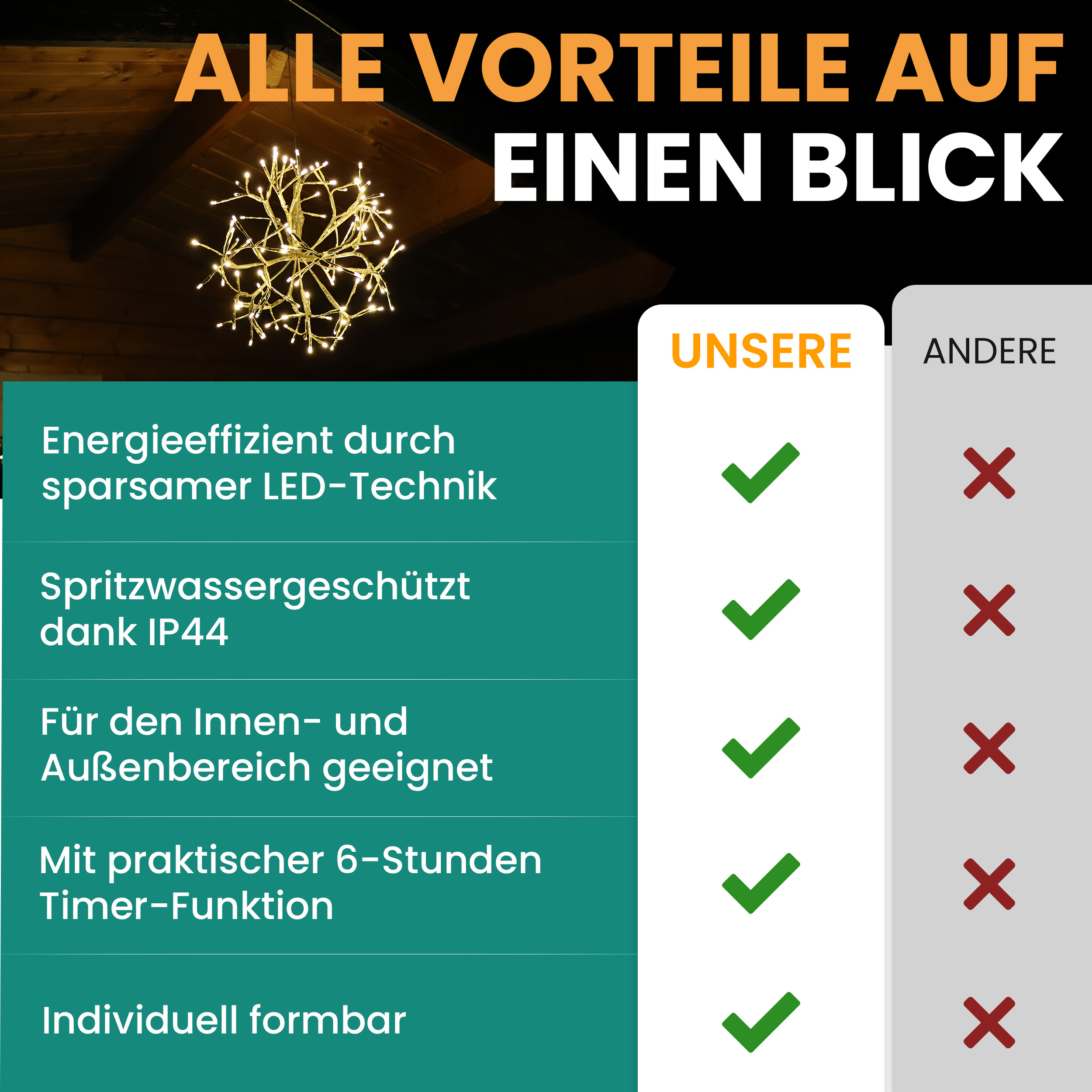 Weihnachtsdekoration Goldstern 45cm 1 Stück mit 120 LED warmweiß Timer-Funktion LED-Weihnachtsstern