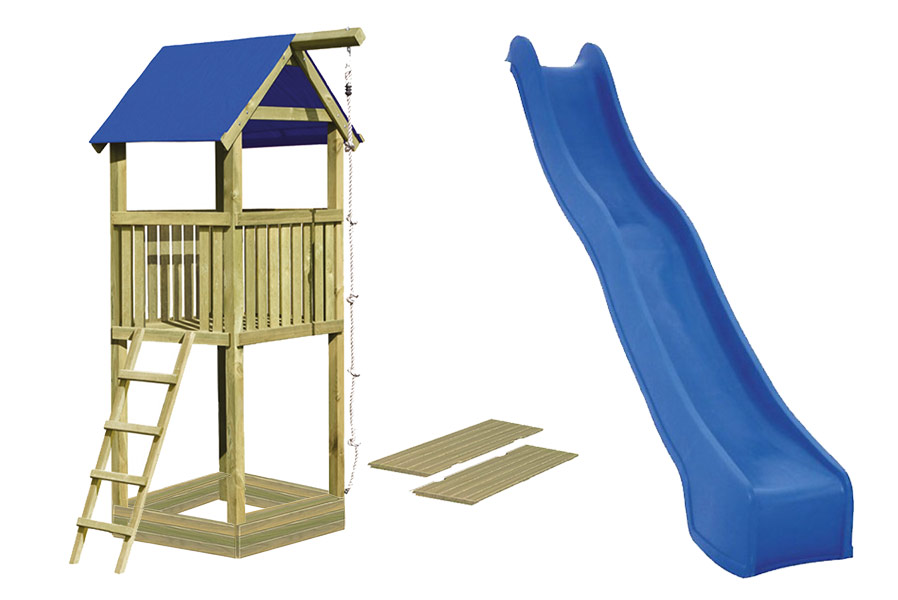  Spielturm Alto mit blauer Rutsche, Sandkasten und Deckel 118x118x350 cm 9x9cm