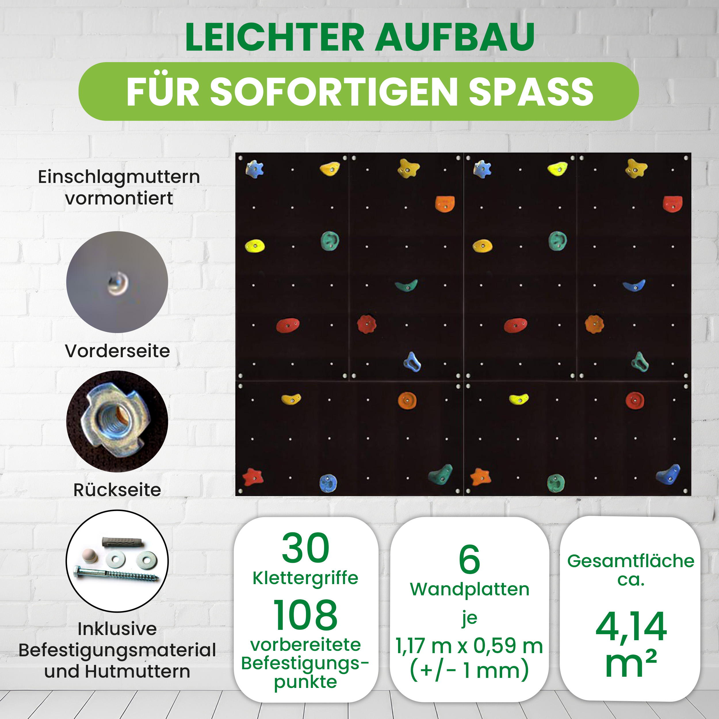 Kletterwand Outdoor mit bunten Klettersteinen und Montagematerial für Kinder und Erwachsene