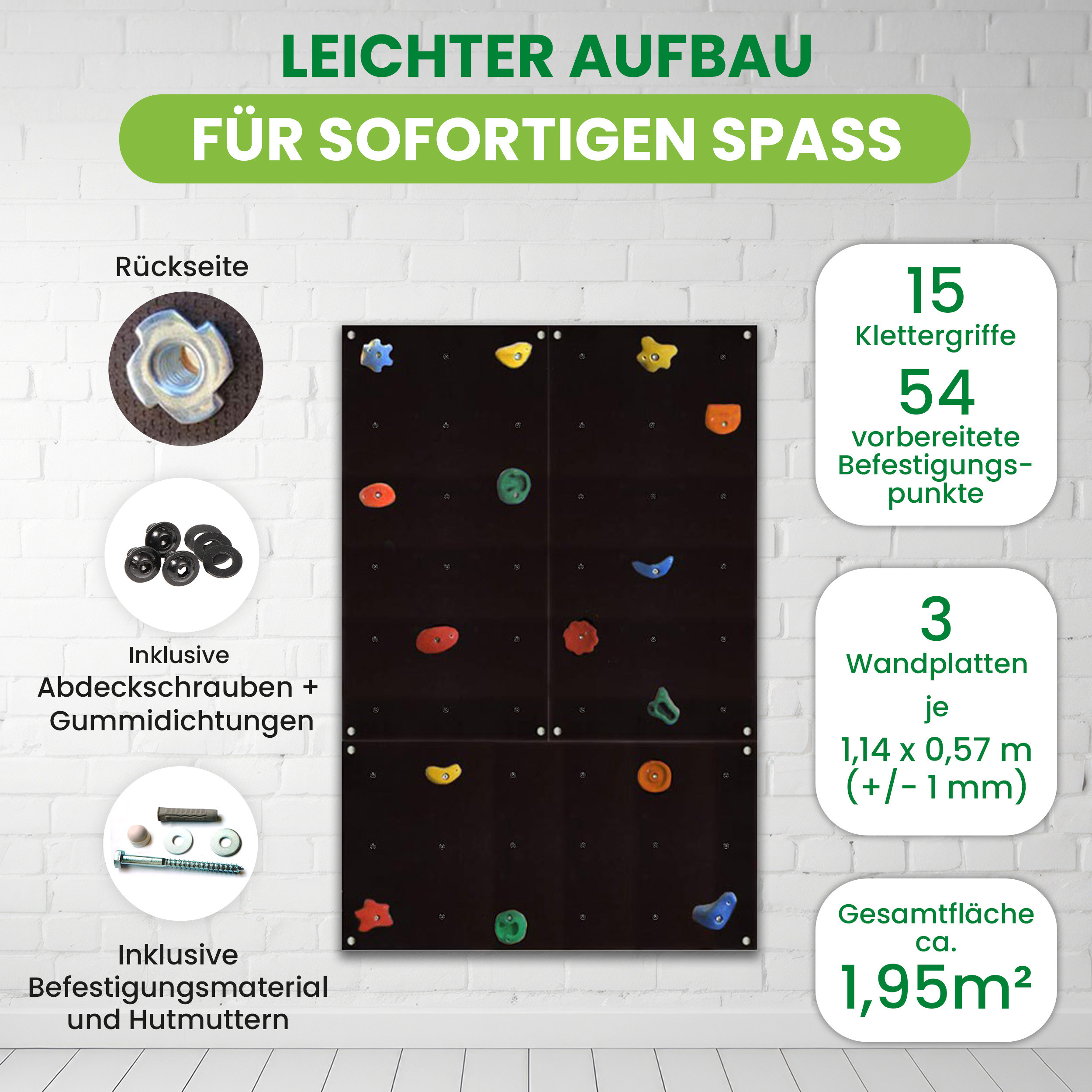 Kletterwand Outdoor mit bunten Klettersteinen und Montagematerial für Kinder und Erwachsene