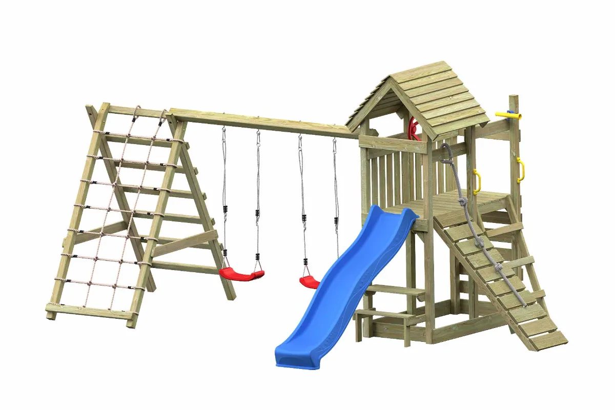 Spielturm Cris Max mit Doppelschaukel blauer Rutsche und großem Kletterbereich