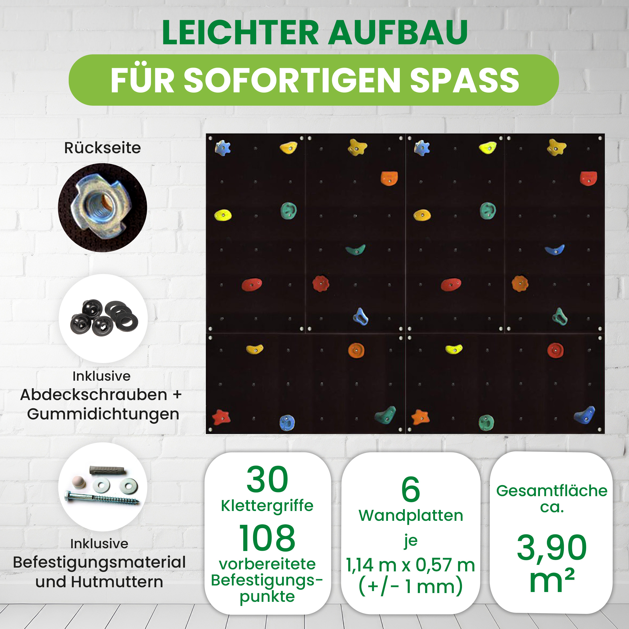 Kletterwand Outdoor mit bunten Klettersteinen und Montagematerial für Kinder und Erwachsene