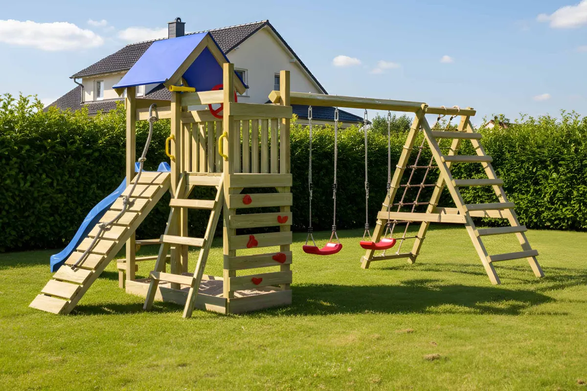 Spielturm Susi Abenteuer mit Kletterrampe Kletterwand und Doppelschaukel