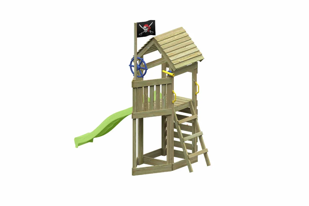 Spielturm Lina Aktiv mit Kletterwand und apfelgrüner Rutsche