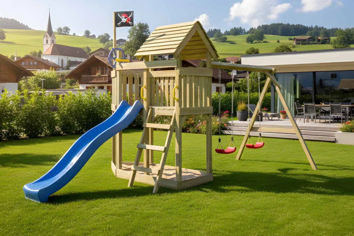 Spielturm Mia Fun mit Doppelschaukel und blauer Rutsche