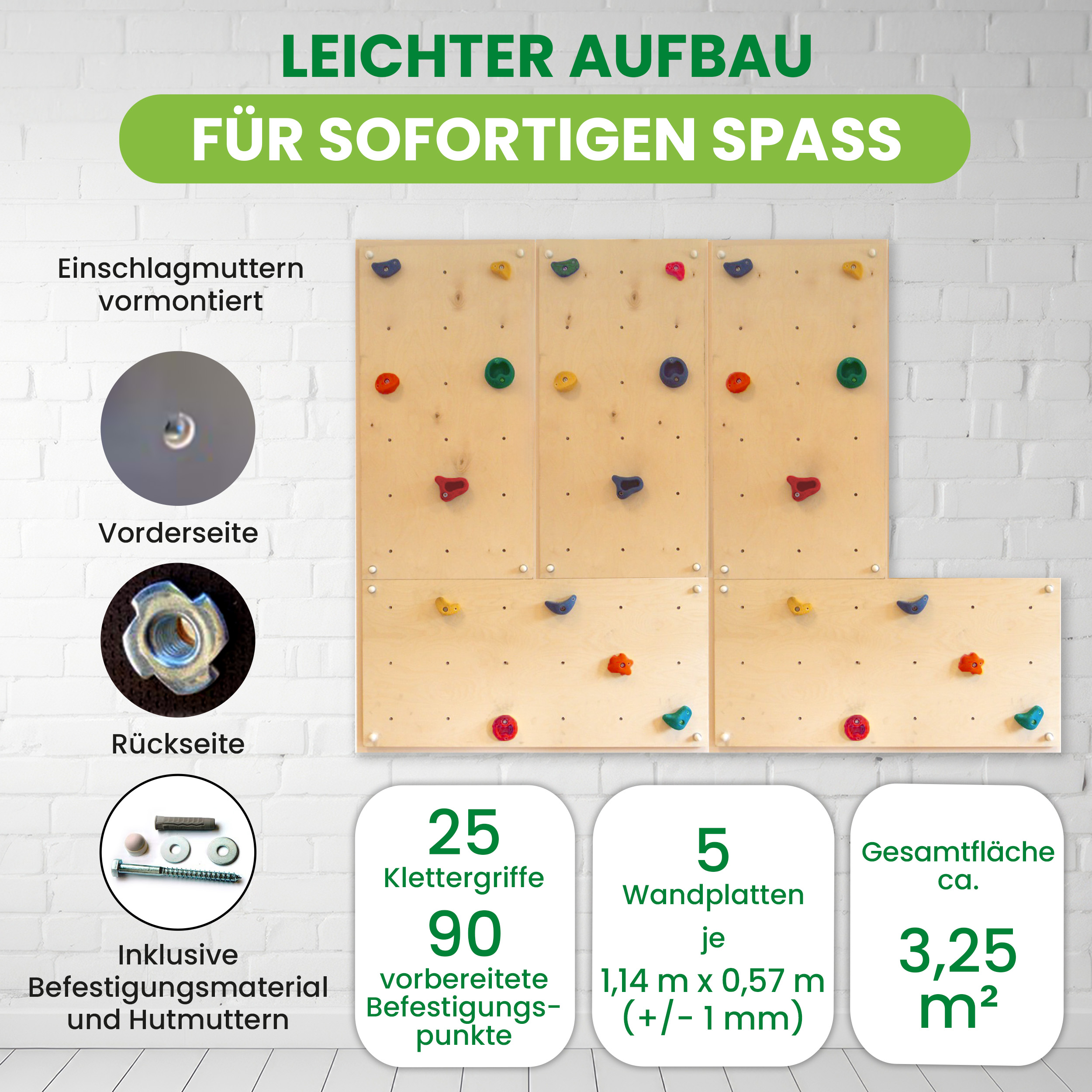 Kletterwand Indoor mit bunten Klettersteinen und Montagematerial für Kinder und Erwachsene