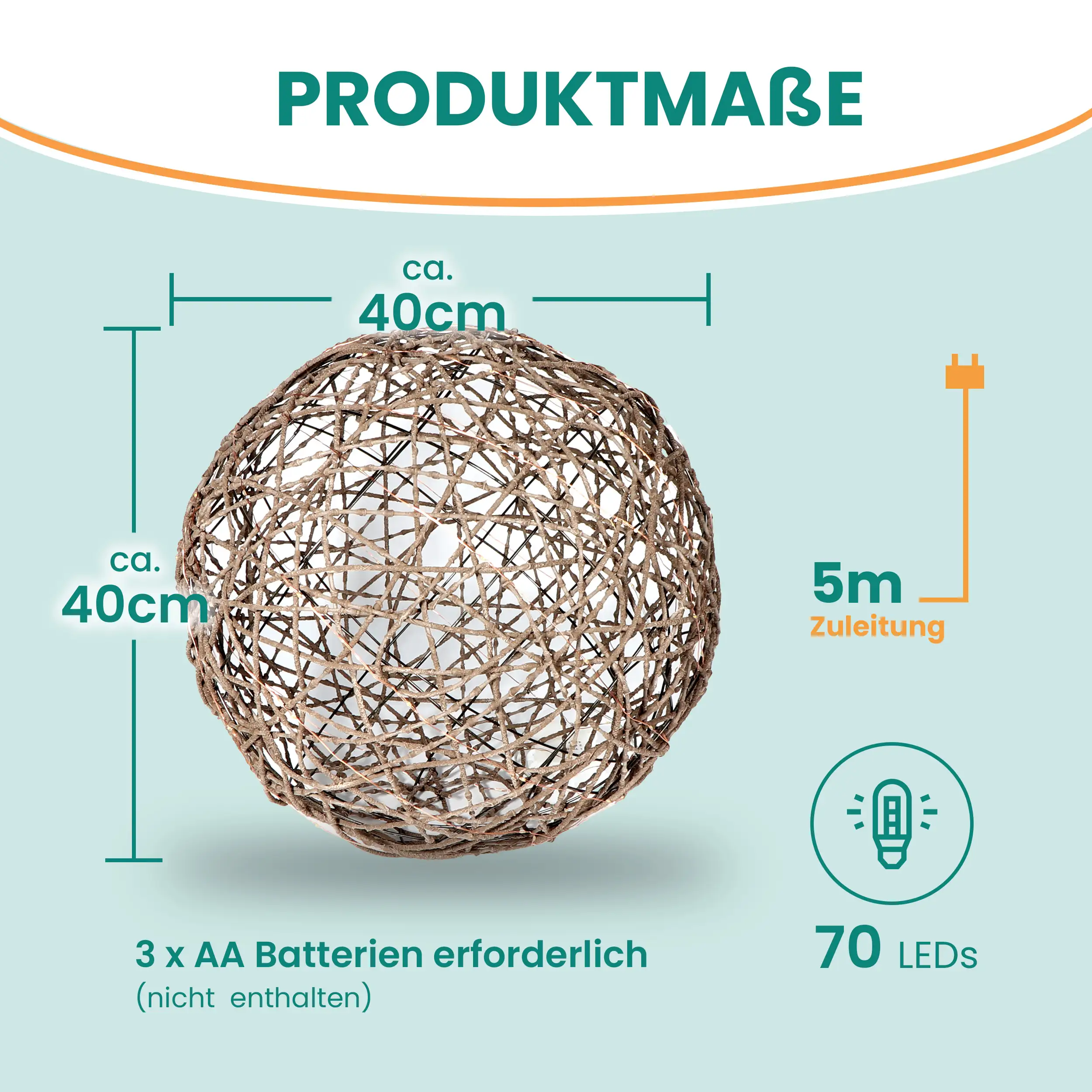 Batterie-Rattankugel aus Kunststoff mit warmweißen LED und Timer-Funktion