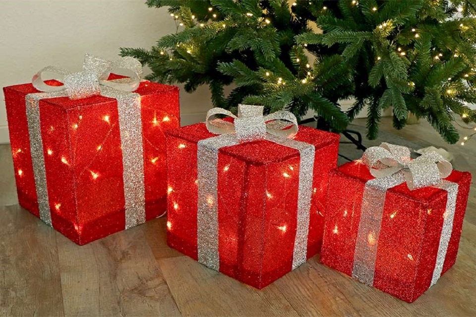 Geschenkboxen Deko-Set mit 3 Geschenkpäckchen 72 LED mit Schleife