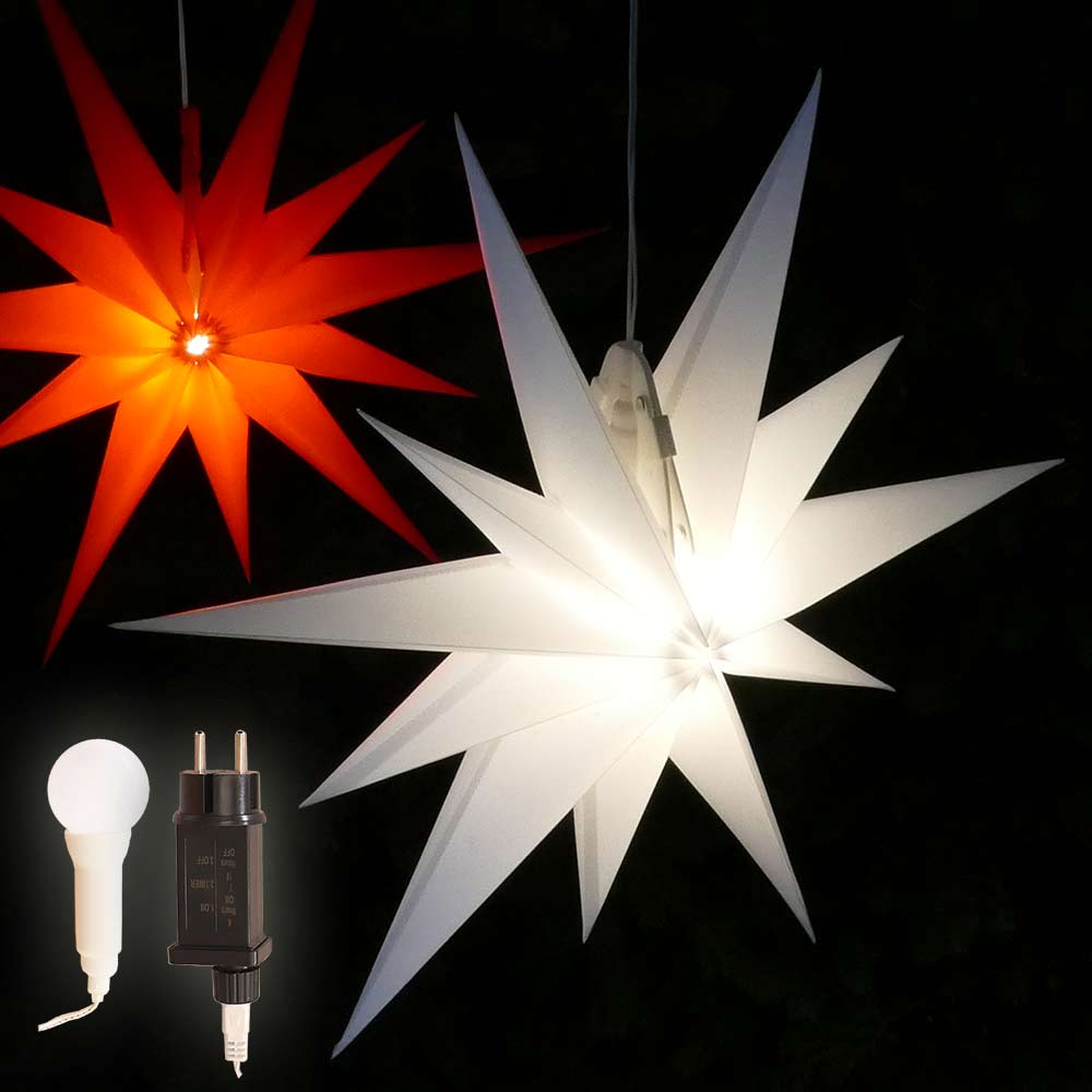 Faltstern Ø 50 cm weiß/rot 11 Zacken aus Kunstoff-Folie mit LED-Birne warmweiß Weihnachtsstern