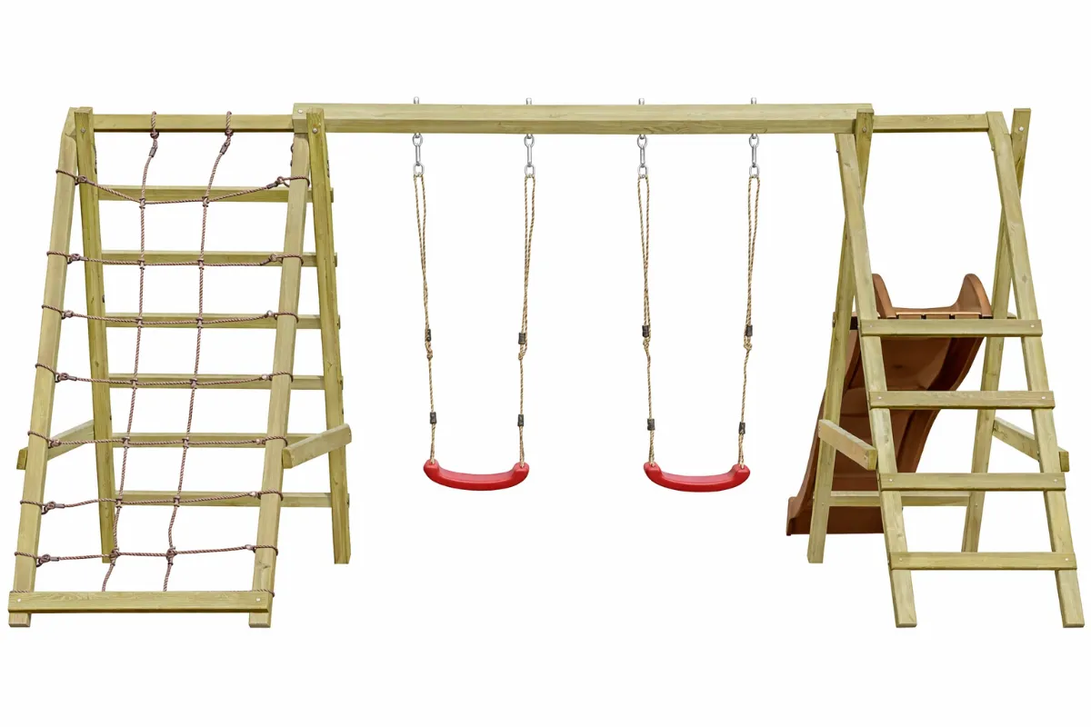 Gartenpirat Doppelschaukel Jana mit Kletternetz Sprossenleiter und  brauner Rutsche