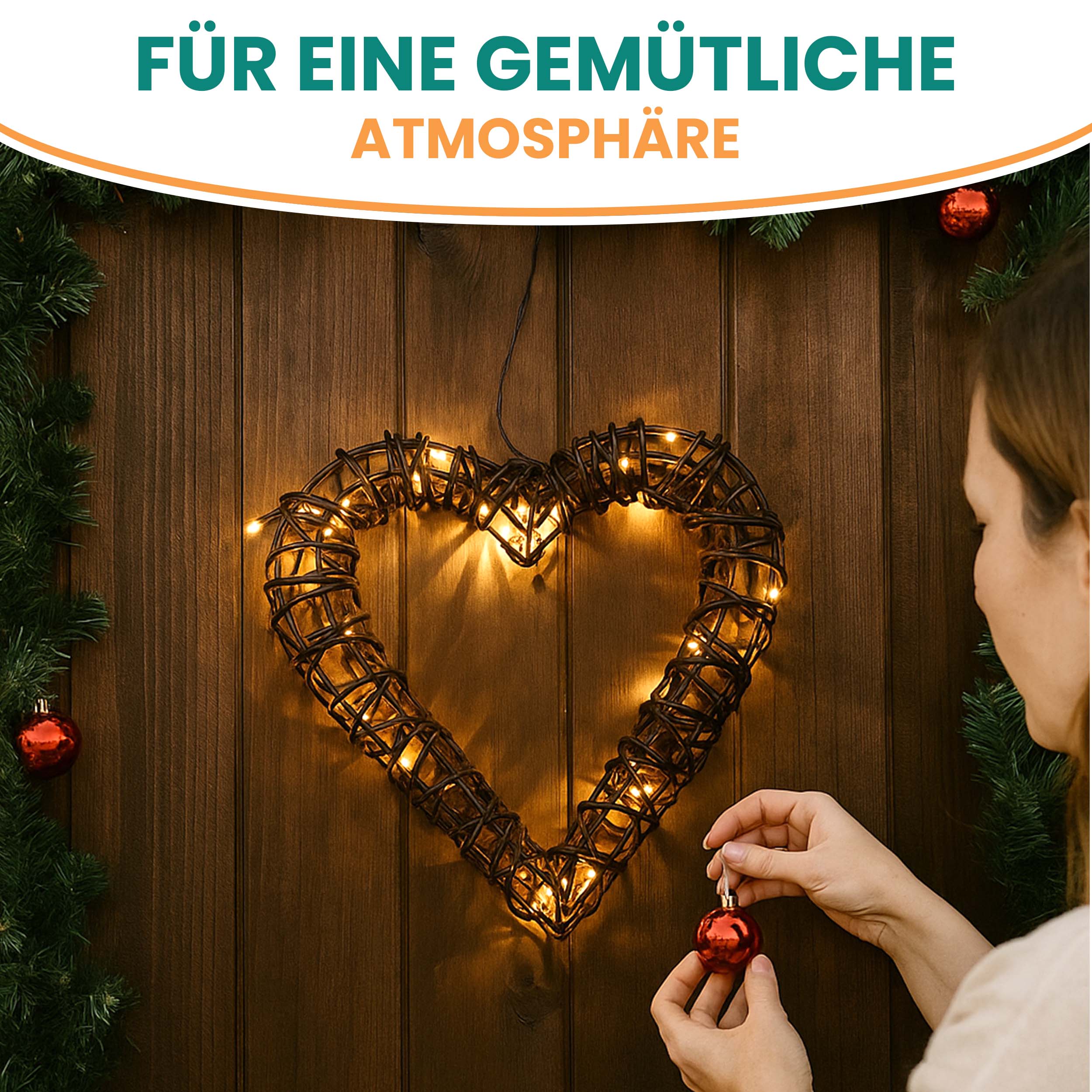 LED Herz Rattan-Optik warmweiß batteriebetrieben mit Timer