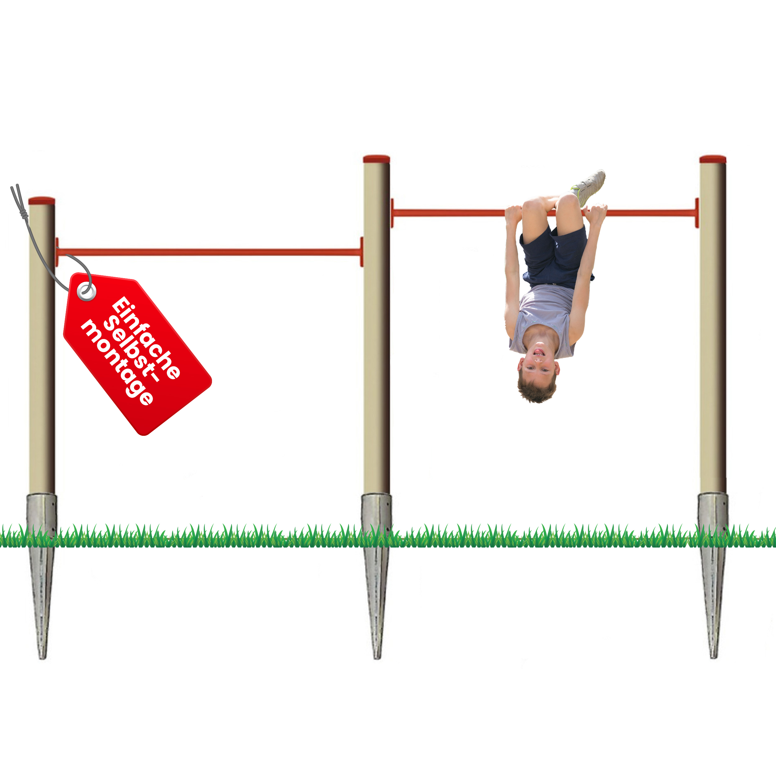 Turnreck mit Lärchen-Pfosten mit Reckstange rot und Einschlaghülsen
