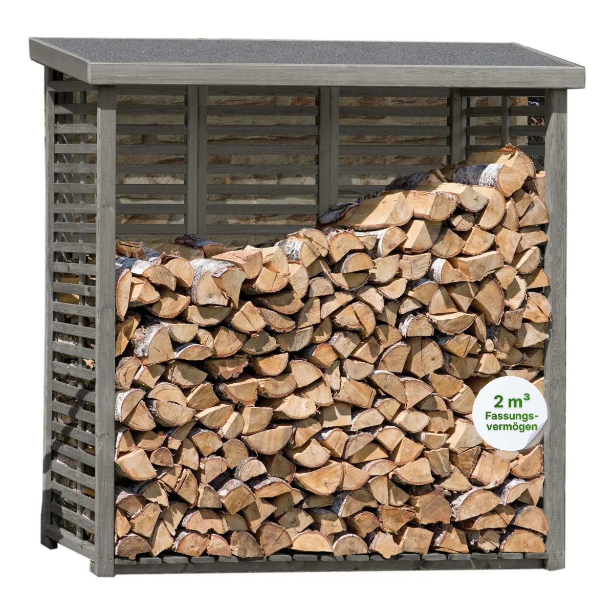 Kaminholzregal mit Rückwand in grau aus Holz Holzlager Kaminholzunterstand