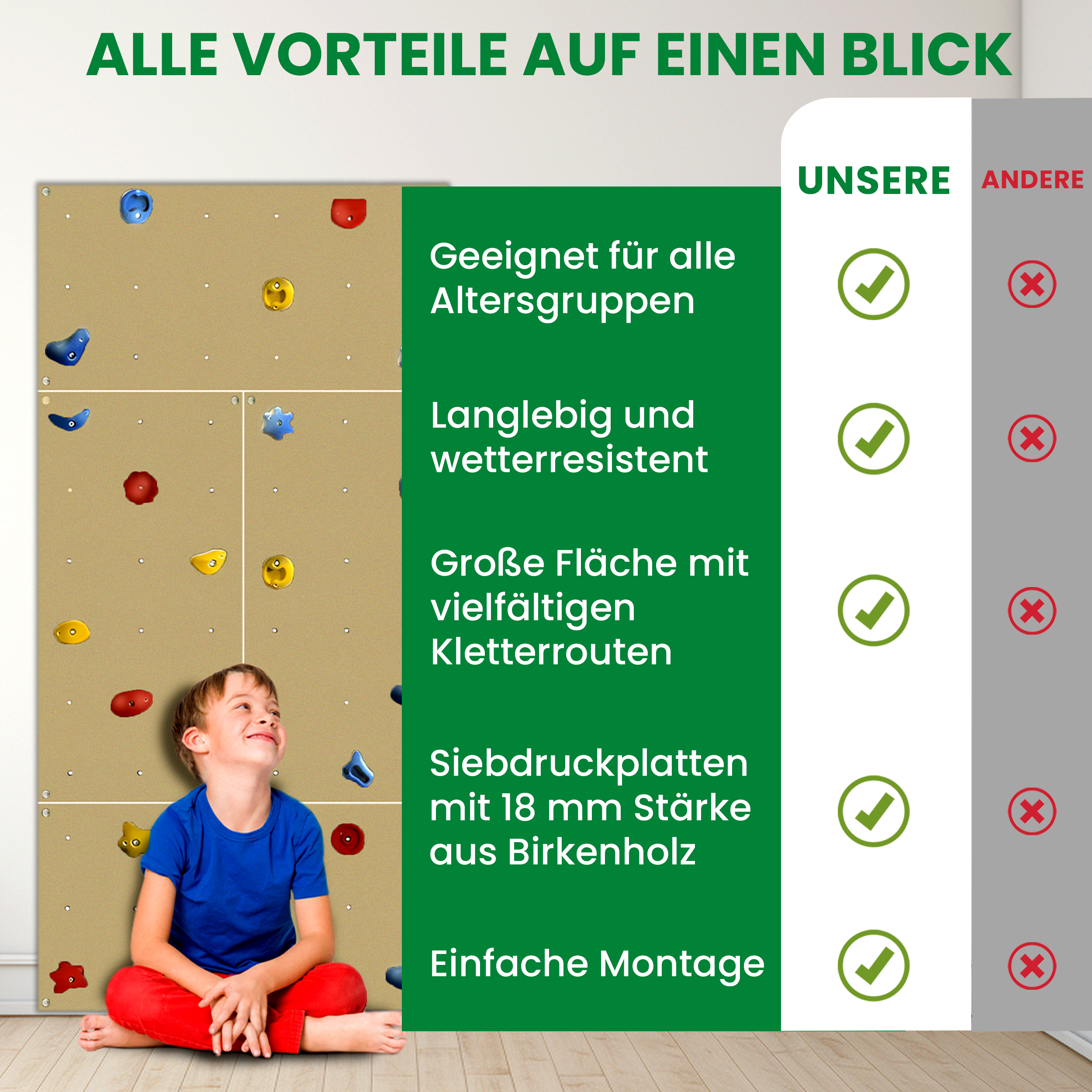 Kletterwand Indoor mit bunten Klettersteinen und Montagematerial für Kinder und Erwachsene