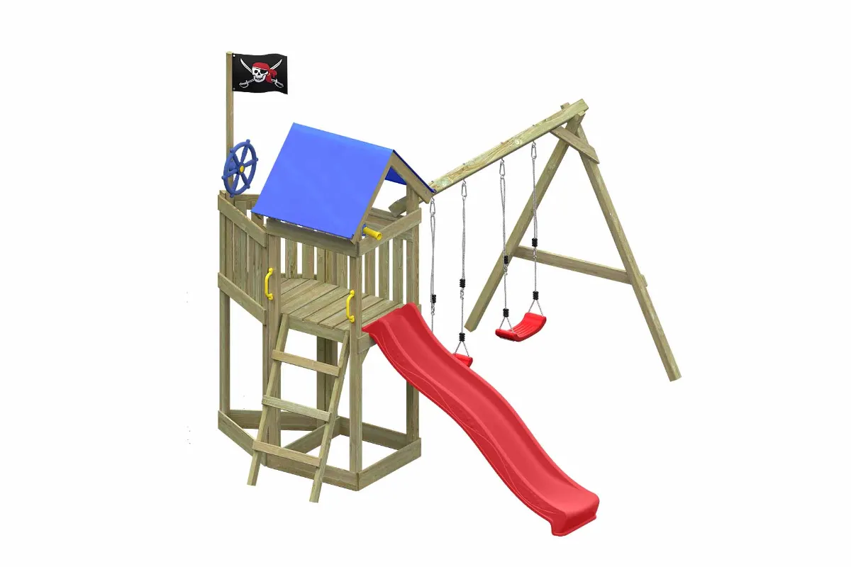 Spielturm Peter Fun mit roter Rutsche und Doppelschaukel
