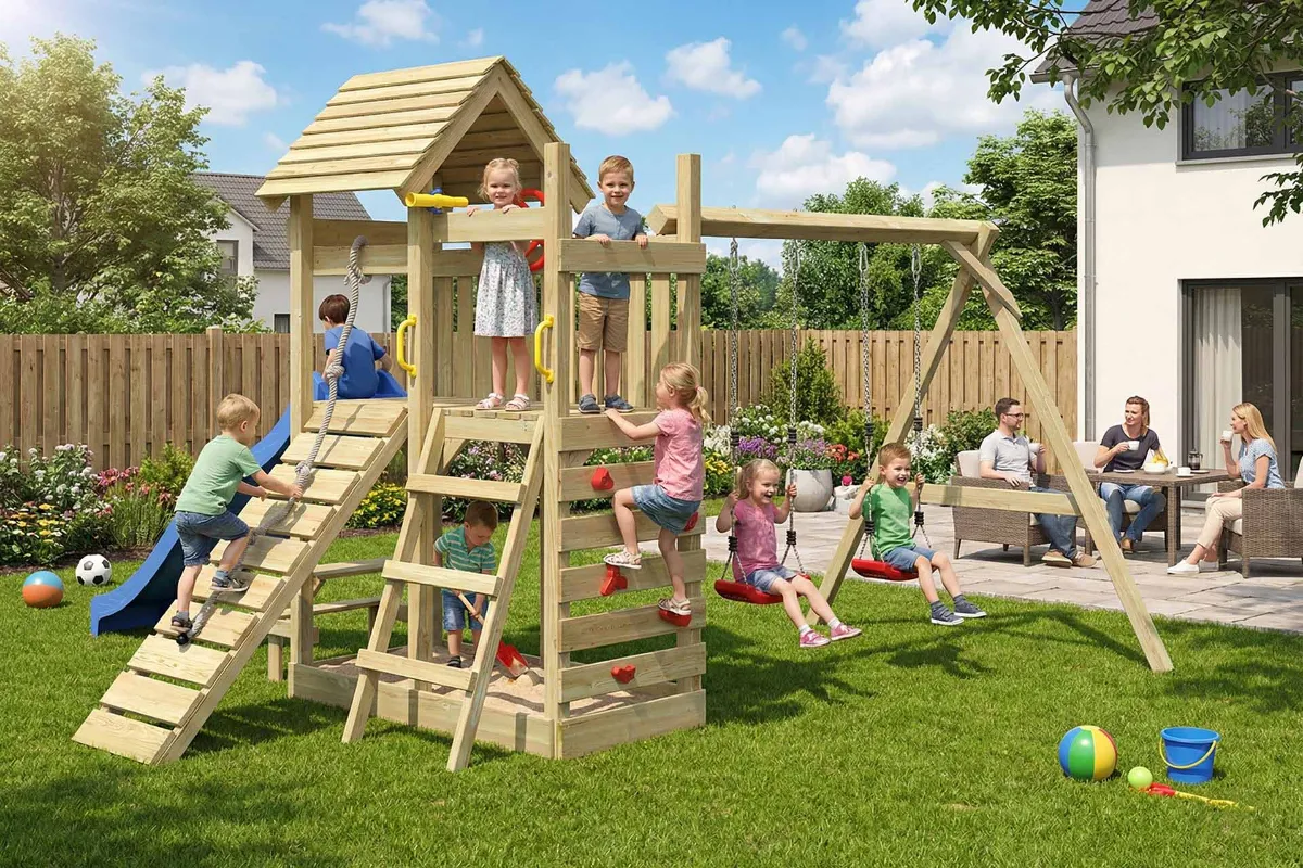 Spielturm Cris Abenteuer mit Kletterrampe Kletterwand und Doppelschaukel