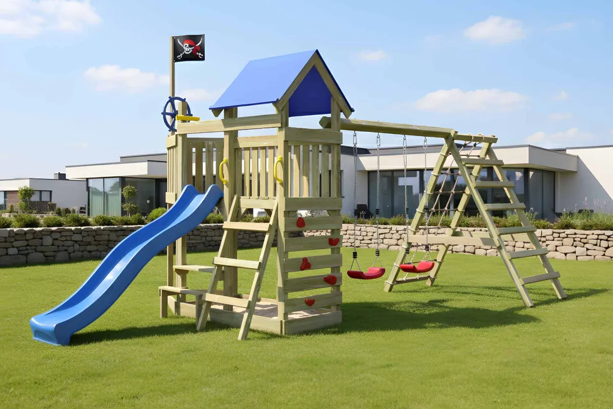 Spielturm Georg Max mit Kletternetz Kletterwand und Doppelschaukel