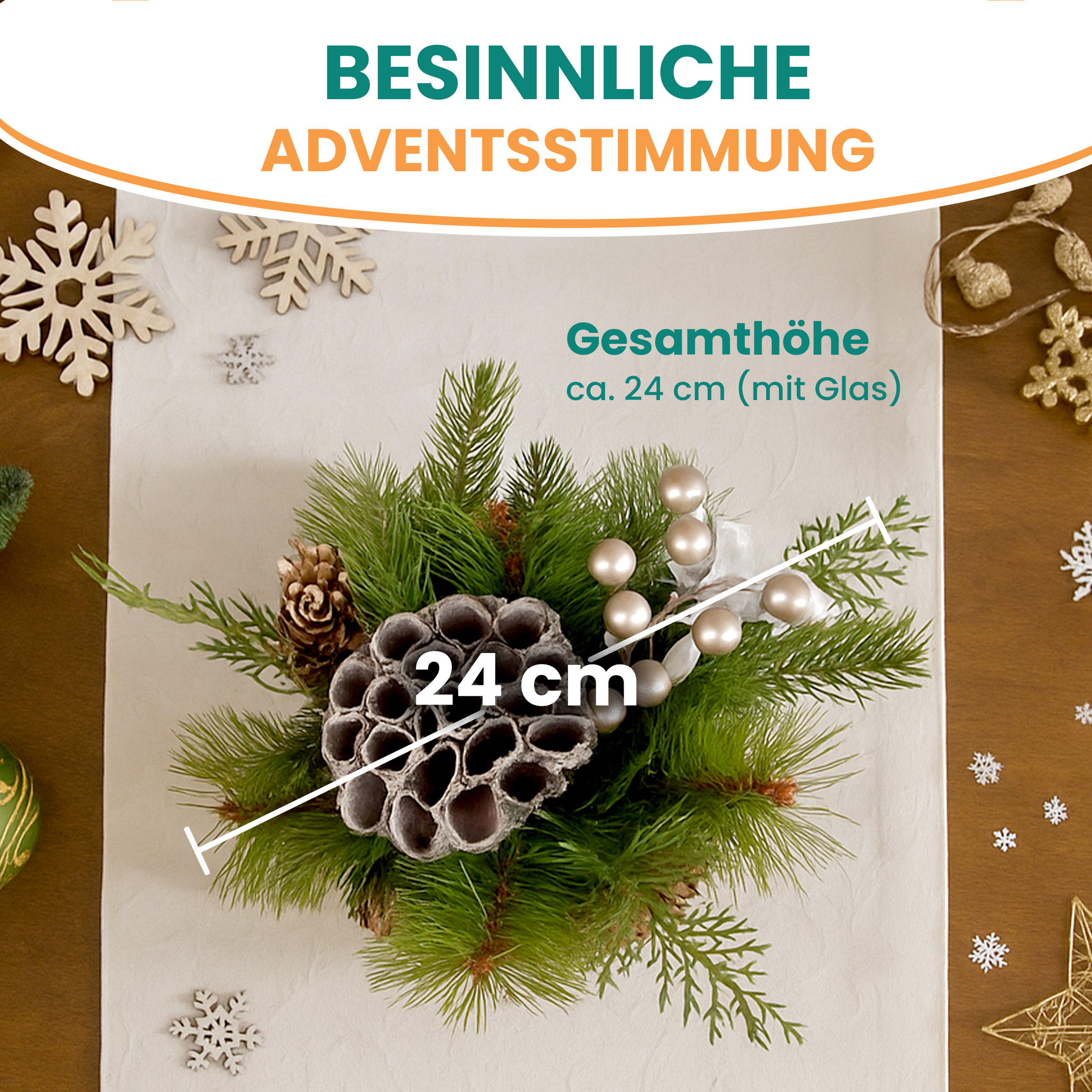 Adventsgesteck im Glas Ø24 cm fertig dekoriert 