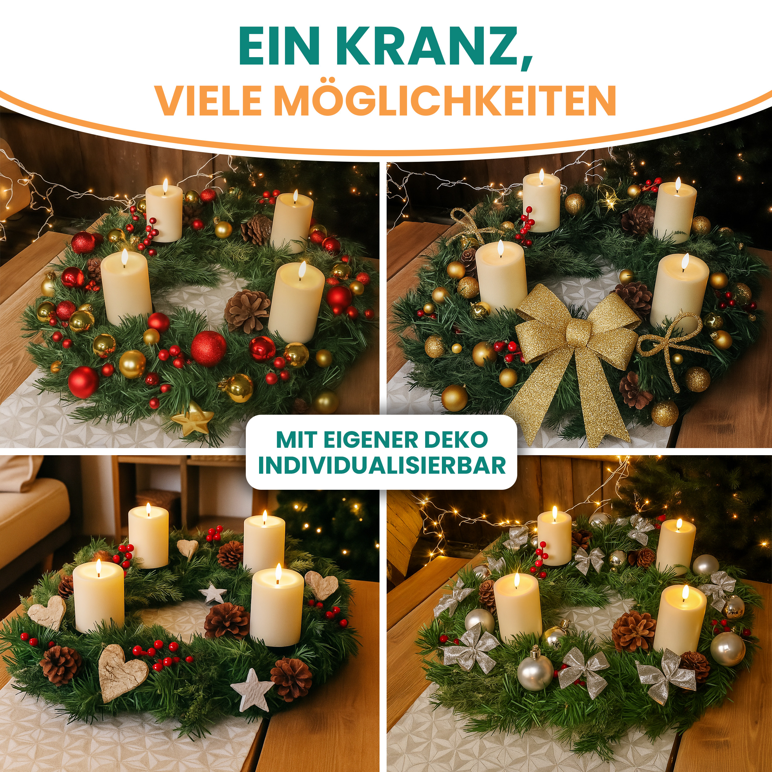 Künstlicher Adventskranz Weihnachtsdeko mit echten Zapfen und roten Beeren geschmückt